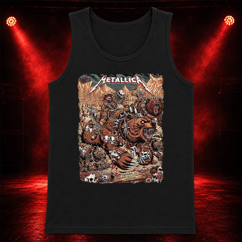 Metallica M72 World Tour June 27 2025 Empower Field At Mile High Denver Colorado United States T-shirt by Juan Ma Orozco featuring skull-faced warriors riding armored bears, skulls, bones, mountain scenery and Denver event text.